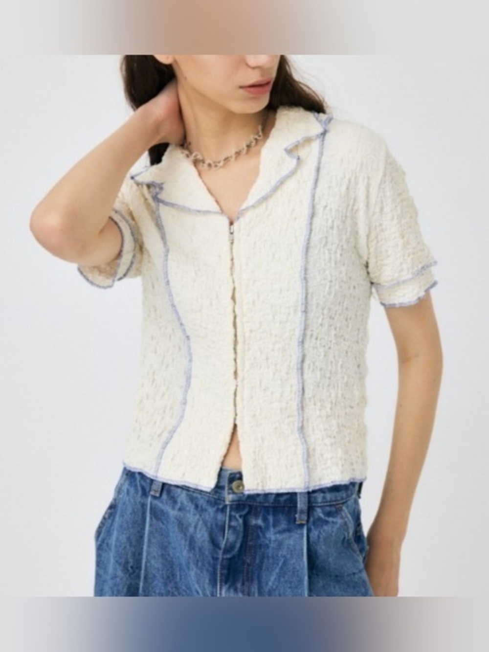 Moussy Bicolor Line Zip Crinkle Blouse